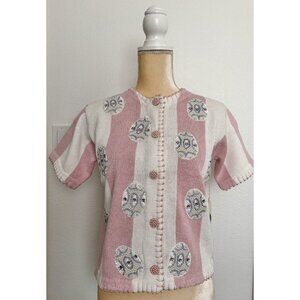 Vtg Belle Pointe Women’s Small Pink/White Bejeweled Cardigan Easter Egg Sweater